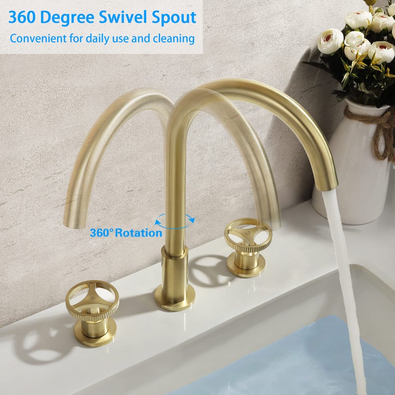 SKOWLL Brushed Gold Widespread Bathroom Faucet, Double Handle Bathroom Sink Faucet, Modern Vanity Faucets for 3 Hole, High Arc 360Â° Spout - Image 4